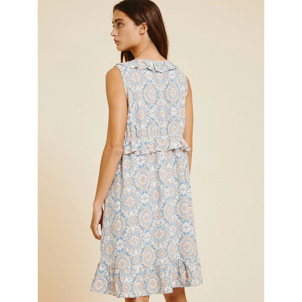 Icy Blue Sleeveless Ruffle Waist Floral Dress - Picture 3 of 4